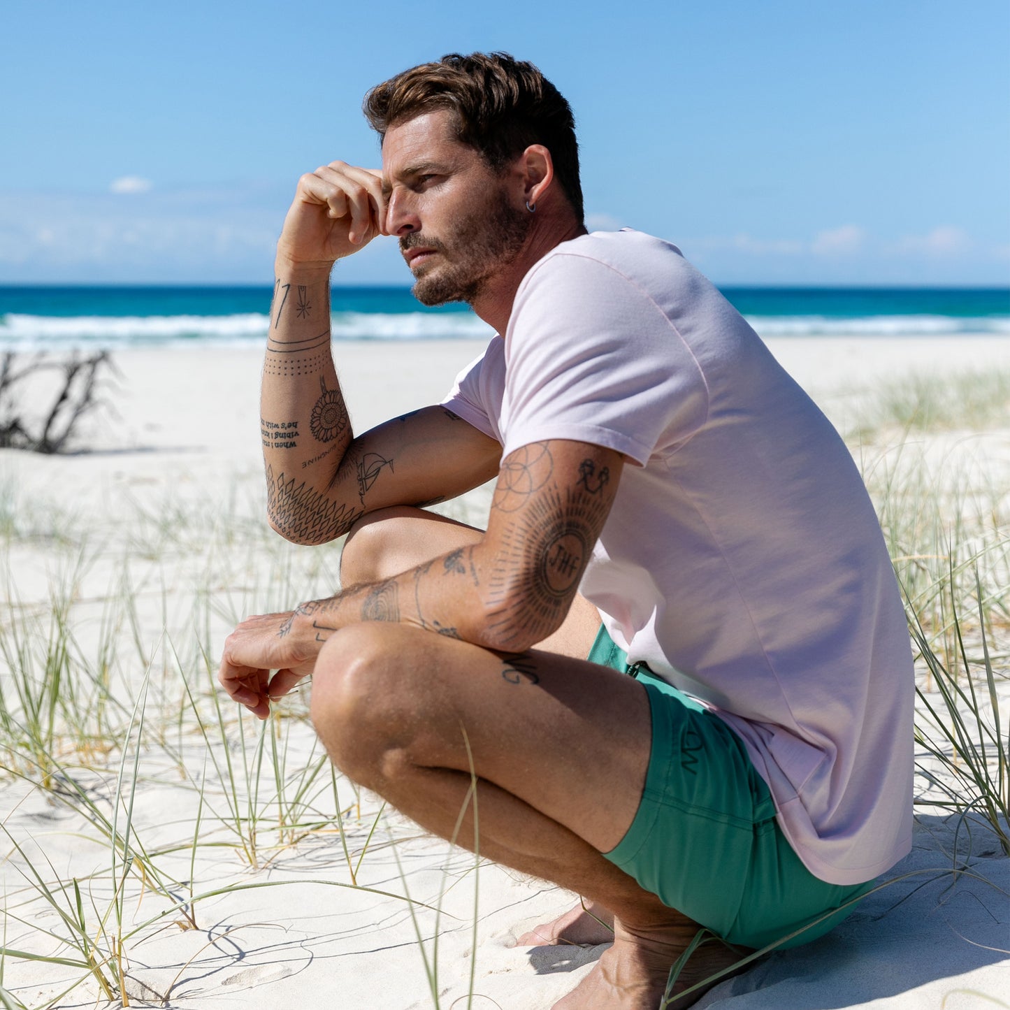 Original Weekend Organic Cotton Men's Pocket T-Shirt in Dawn Pink styled with Pine green Eco Men's Swim Shorts