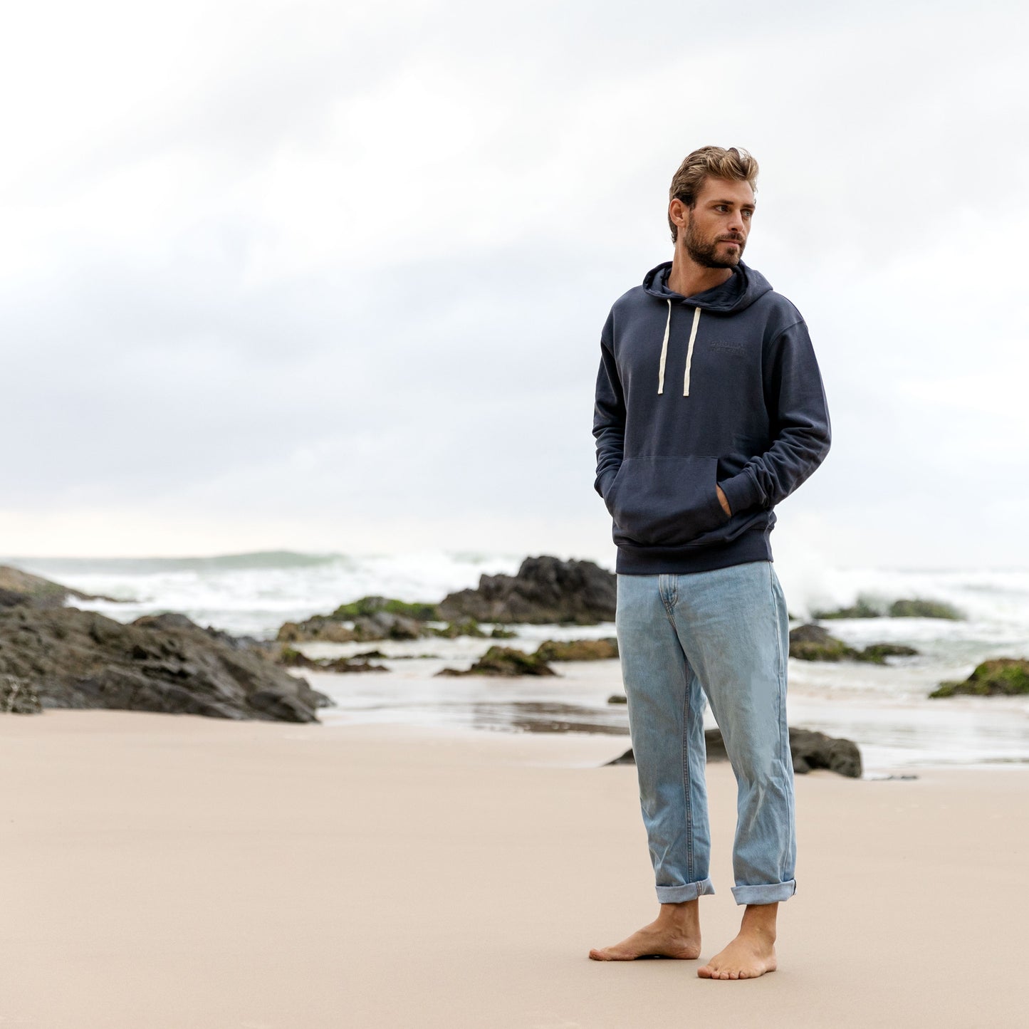 OWLW2202 Soft Touch Washed Navy Men's Hoodie Byron Bay