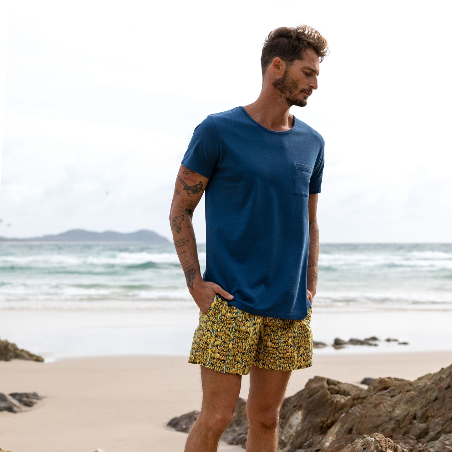 OWTS2203 AEGEAN BLUE T-SHIRT OWSS2207 GOING BANANAS SWIM SHORT BYRON BAY
