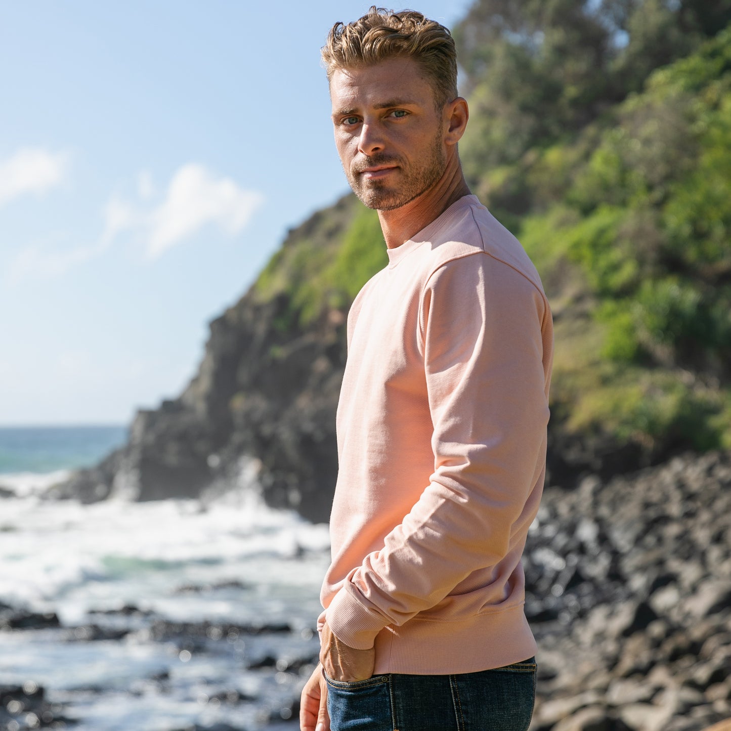 OWLW2301 MUTED CORAL MEN'S ORGANIC COTTON SWEATSHIRT BYRON BAY