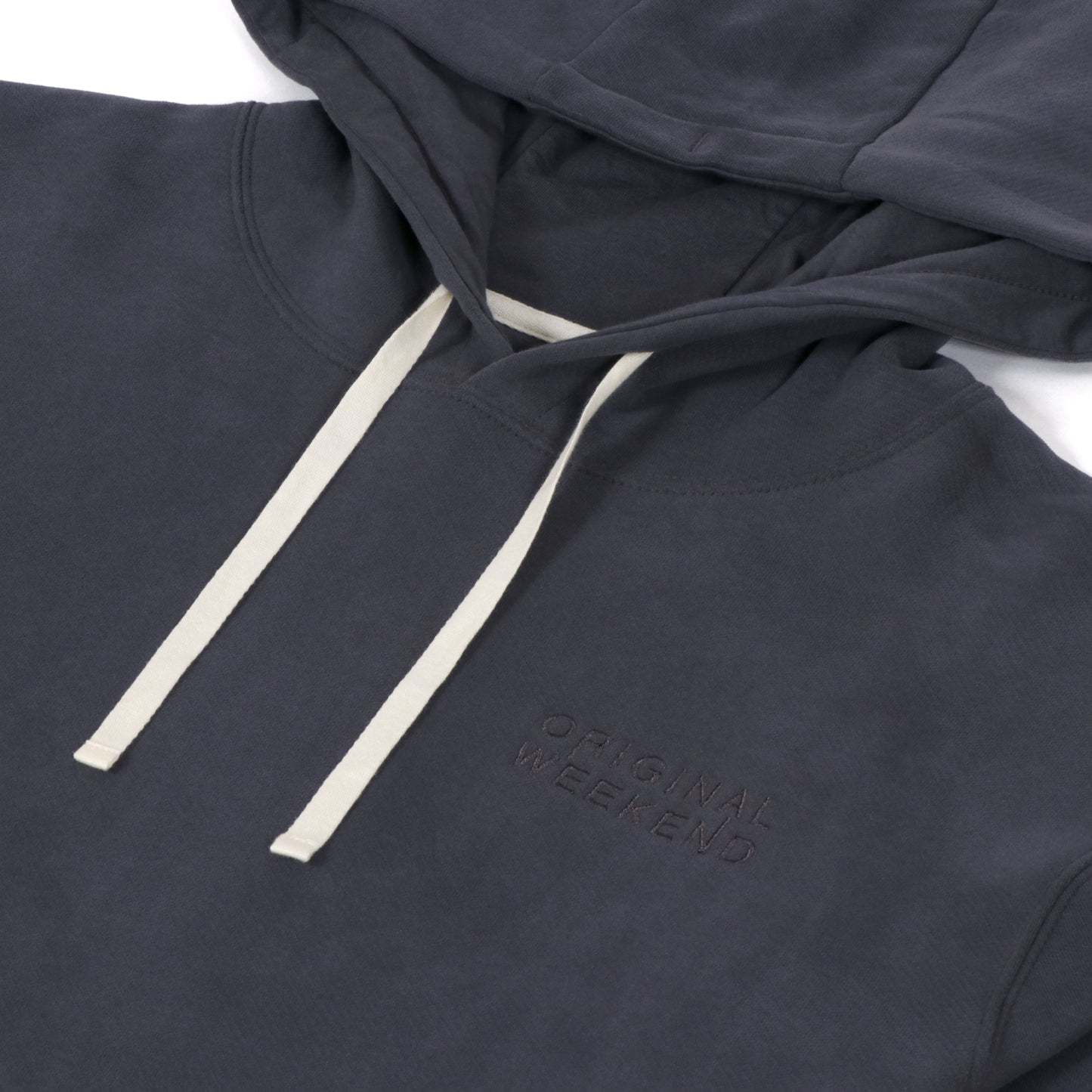 Washed Navy Men's Organic Cotton Hoodie Hood Draw Cord Logo Detail