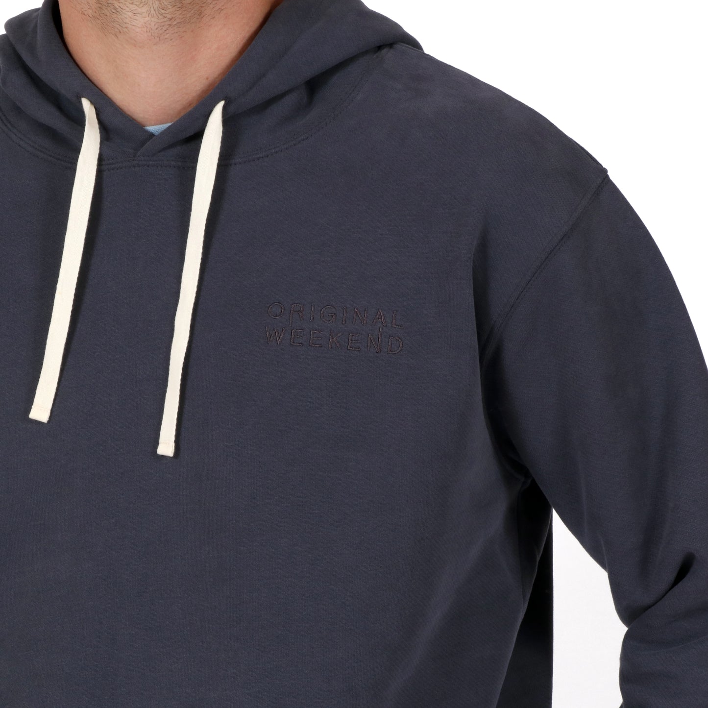Washed Navy Men's Organic Cotton Hoodie Front detail