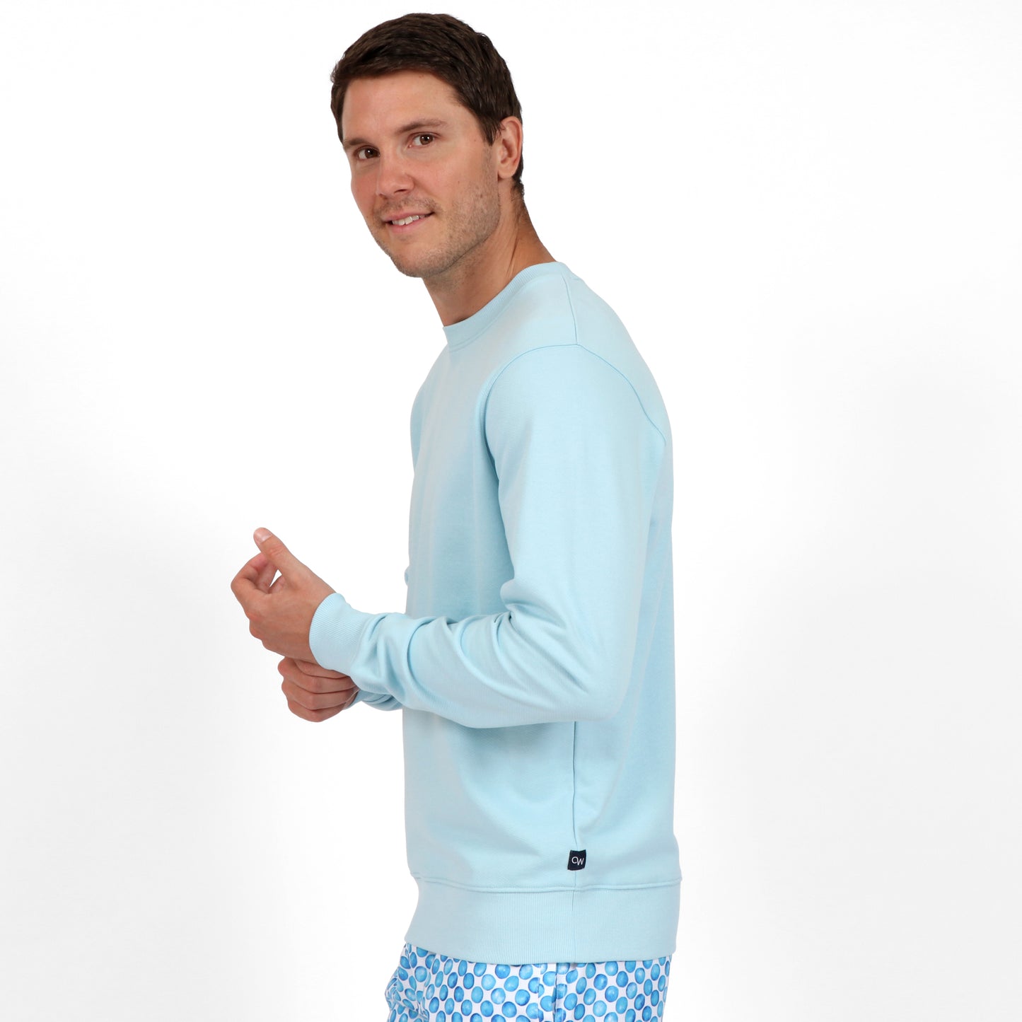 OWLW2301 ARCTIC BLUE MEN'S ORGANIC COTTON SWEATSHIRT ON BODY SIDE VIEW
