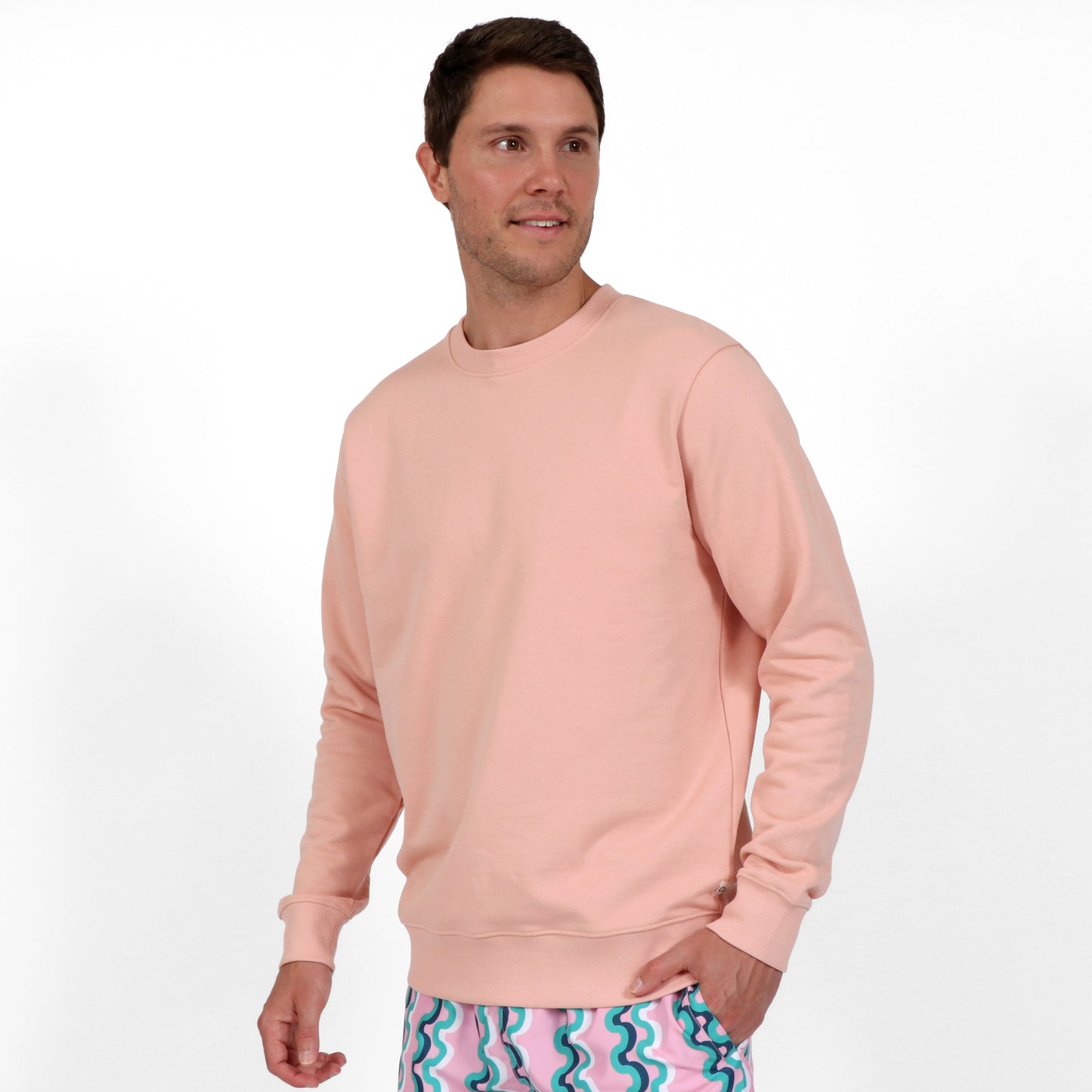 OWLW2301 MUTED CORAL MEN'S ORGANIC COTTON SWEATSHIRT ON BODY SIDE FRONT VIEW