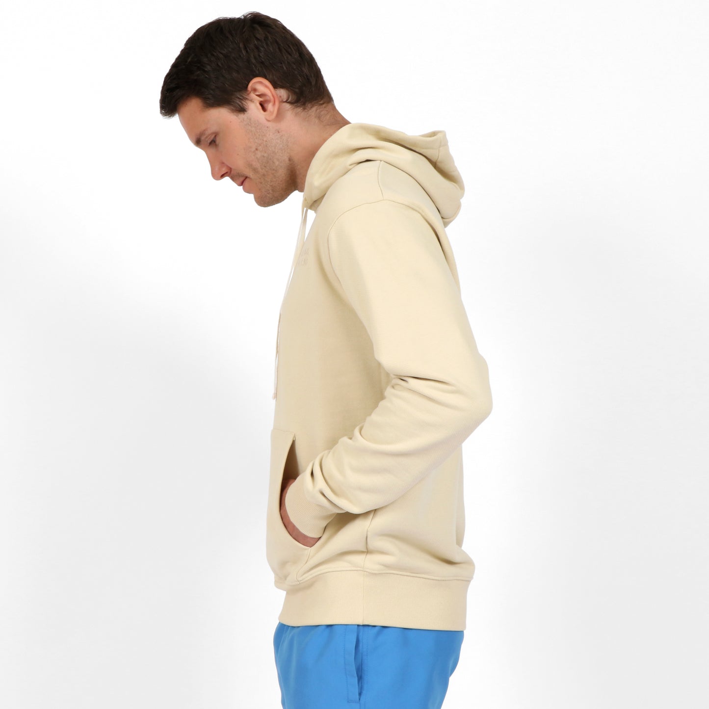 OWLW2302 BISCOTTI MEN'S ORGANIC COTTON HOODIE ON BODY SIDE VIEW