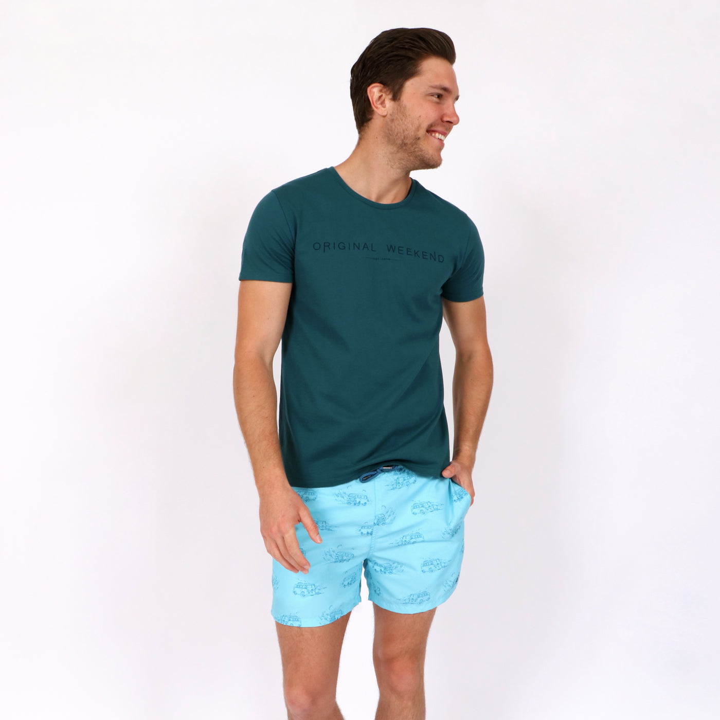 OWTS1802 Atlantic Green men's organic cotton t-shirt with logo print styles with OWSS1803 Holiday Van Aqua Blue print recycled fabrication men's swim short