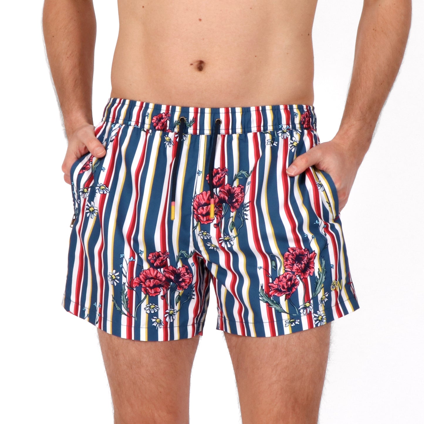 OWSS2104 Poppy Stripe Recycled Polyester Men's Swim Short on body Front