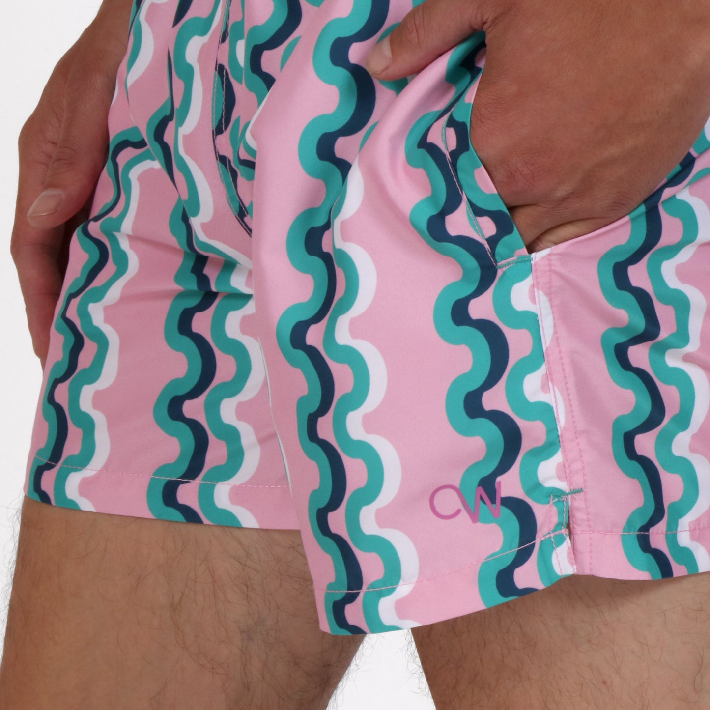 OWSS2205 COCO LOCO PINK STRIPE MENS SWIM SHOT RECYCLED POLYESTER ON BODY OW LOGO DETAIL