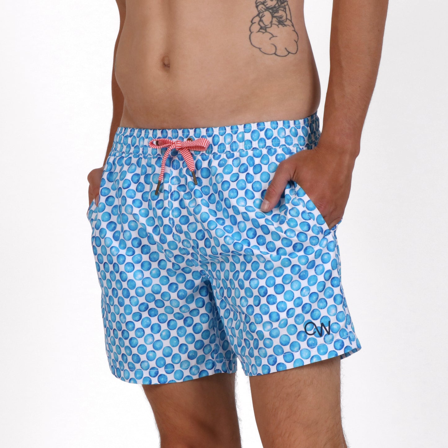OWSS2209 BLUE WATER SPOT PRINT MEN'S SWIM SHORT RECYCLED POLYESTER ON BODY FRONT