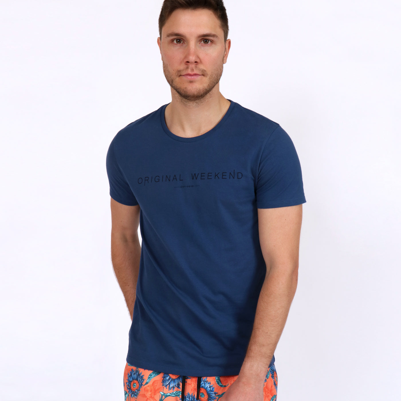 OWTS1901 Denim Blue Original Weekend men's Organic cotton logo print t-shirt on body front view