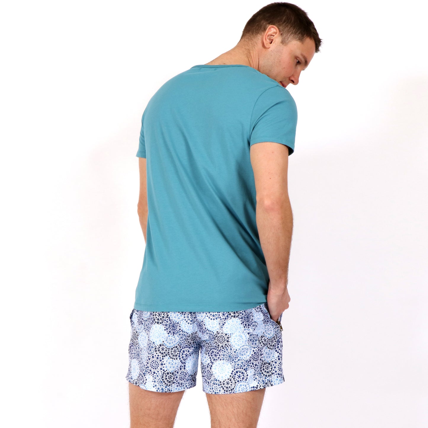 Jade Green Relaxed Fit Beach T-Shirt Denim Spot Print Swim Short Back View