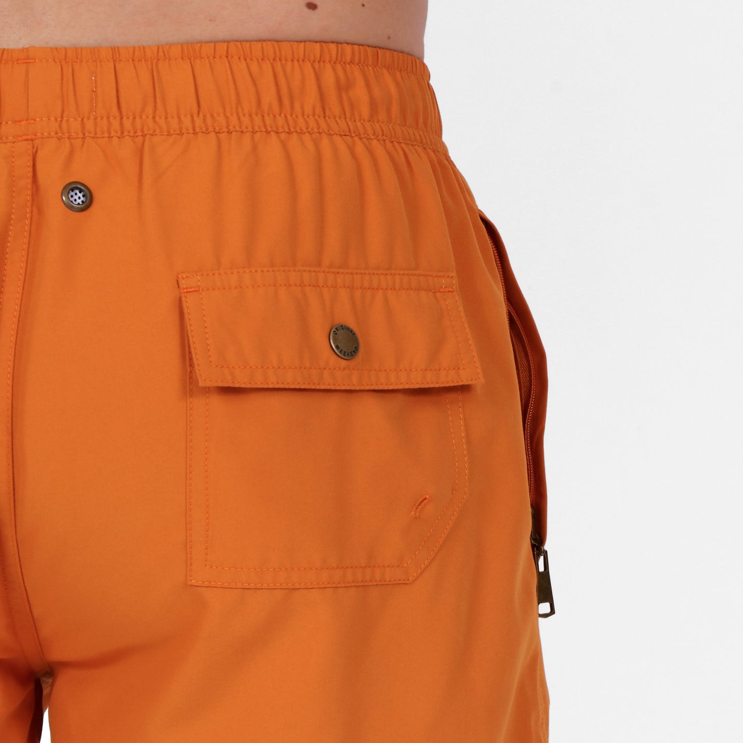 Original Weekend Sustainable Men's Swim Short in Amber Ale Orange Back Pocket Detail