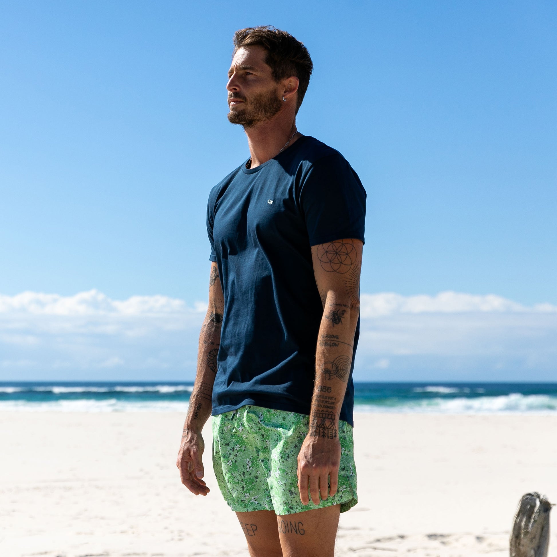 Original Weekend Spring Floral Print Men's Sustainable Swim Short styled with the Urban T-Shirt in Navy