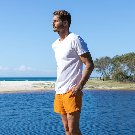 Original Weekend Men's Organic Cotton Urban Fit White T-Shirt with Eco Swim Short in Amber Ale Orange