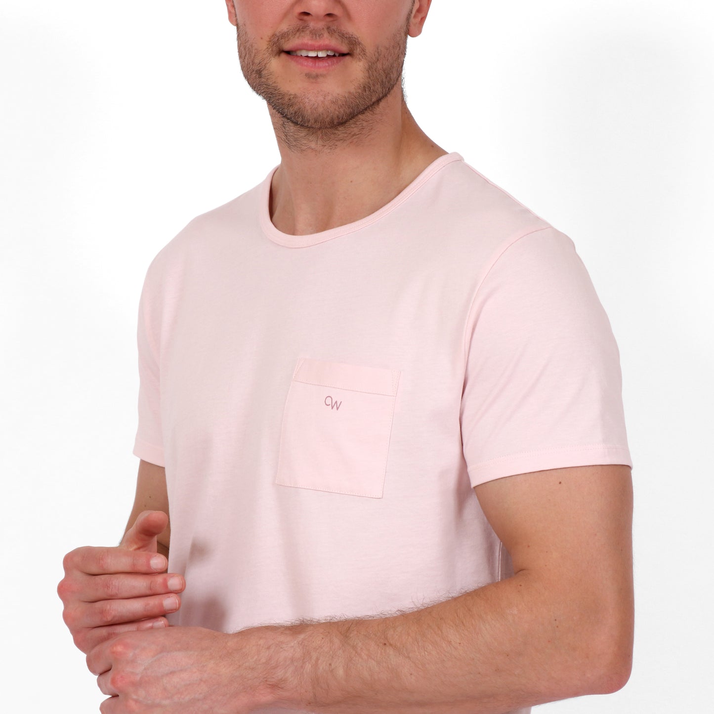 Original Weekend Organic Cotton Men's Pocket T-Shirt in Dawn Pink on Body Front Detail