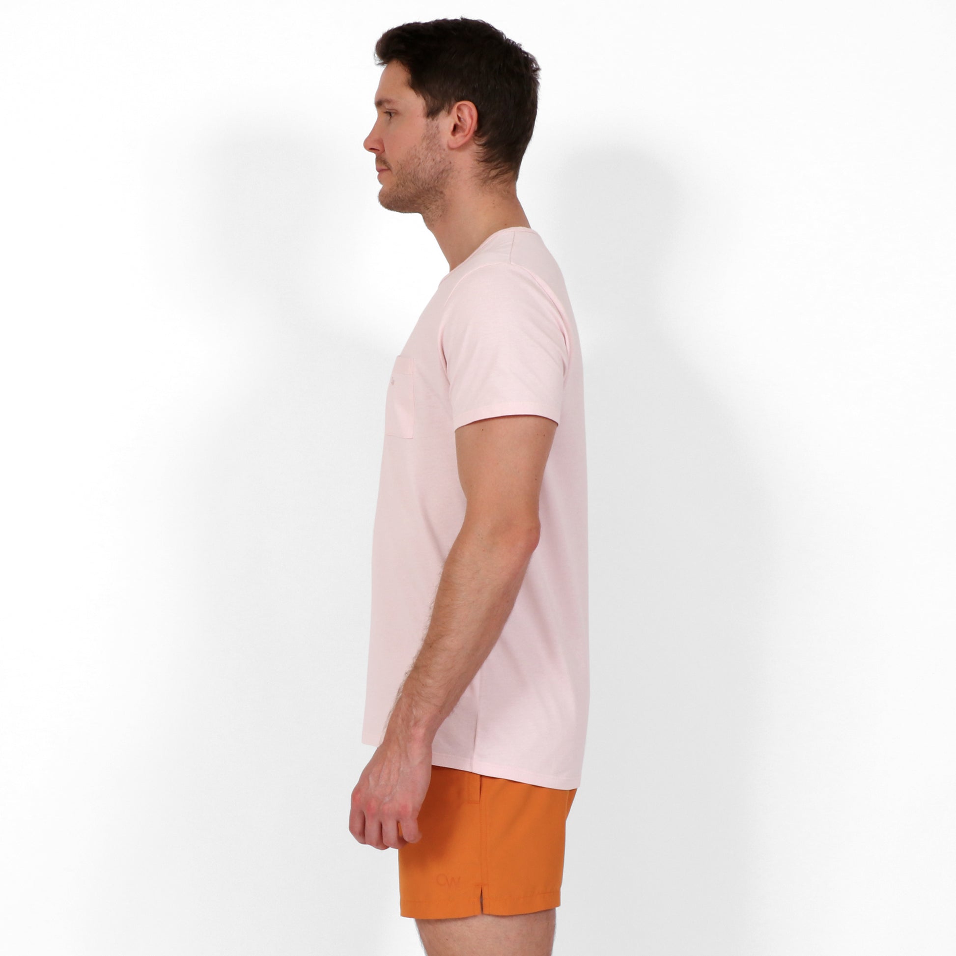 Original Weekend Organic Cotton Men's Pocket T-Shirt in Dawn Pink on Body Side View