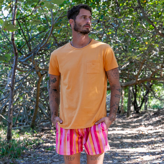 Original Weekend Organic Cotton Men's Pocket T-Shirt in Sunset Orange styled with the Miami Stripe Swim Short