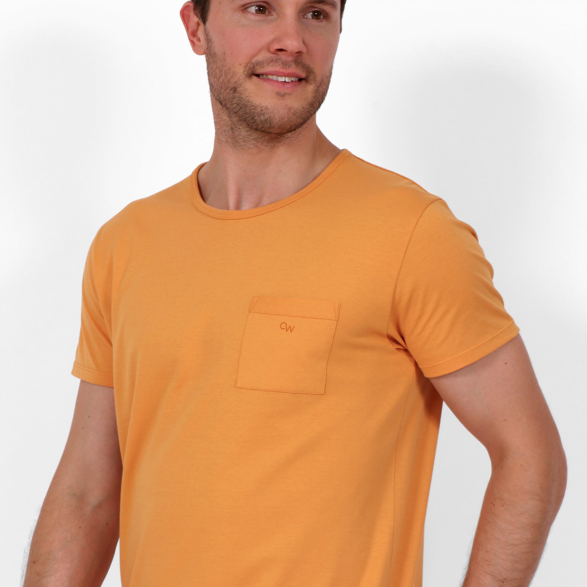 Original Weekend Organic Cotton Men's Pocket T-Shirt in Sunset Orange on Body Front Detail