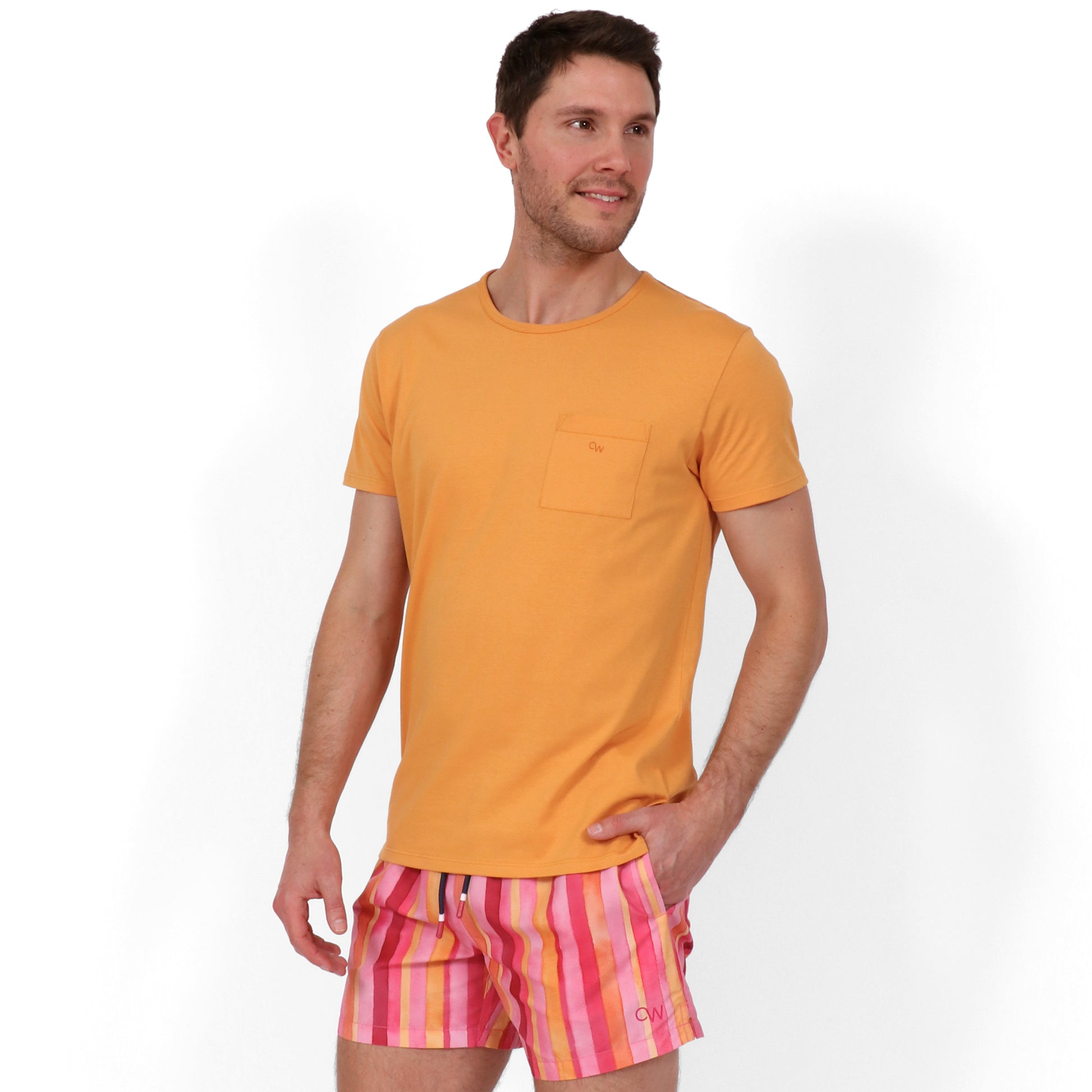 Original Weekend Organic Cotton Men's Pocket T-Shirt in Sunset Orange on Body Front View