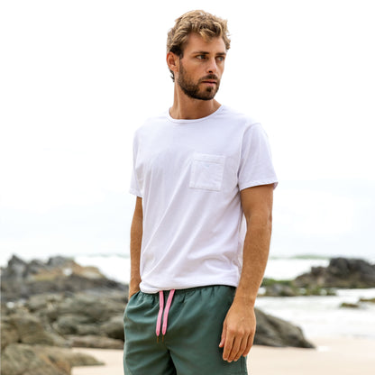 OWTS2102 WHITE RELAXED T-SHIRT OWSS2101 OLIVE SWIM SHORT BYRON BAY