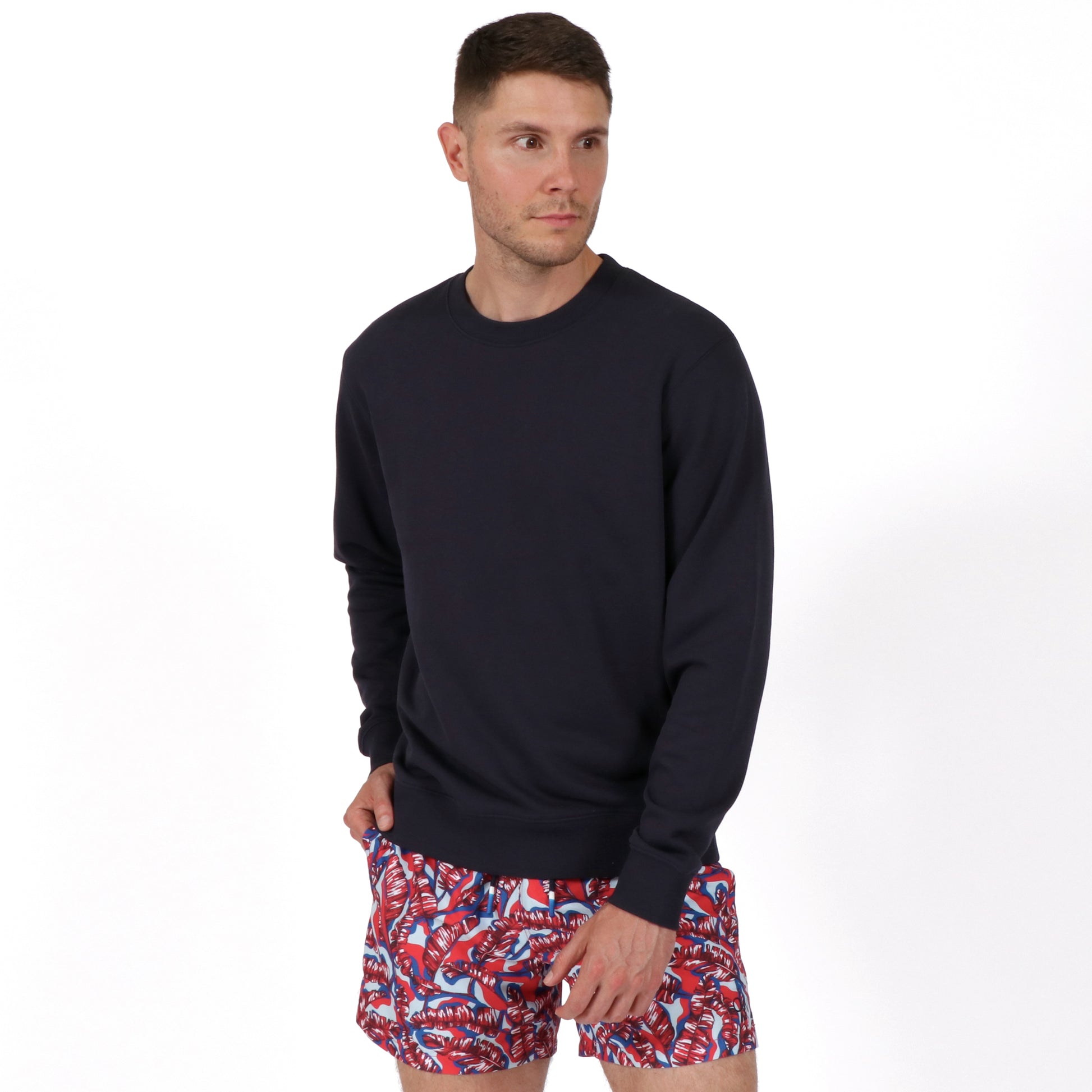 Navy Men's Sustainable Organic Cotton Sweatshirt front on model