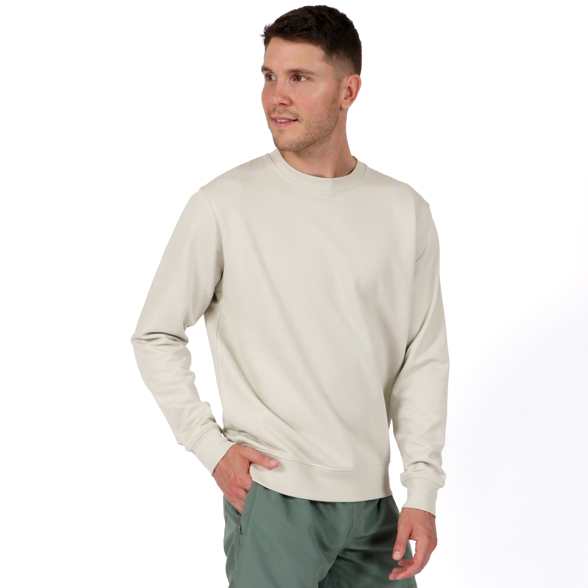 Sandstone Neutral Men's Organic Cotton Sweatshirt Side Front on model