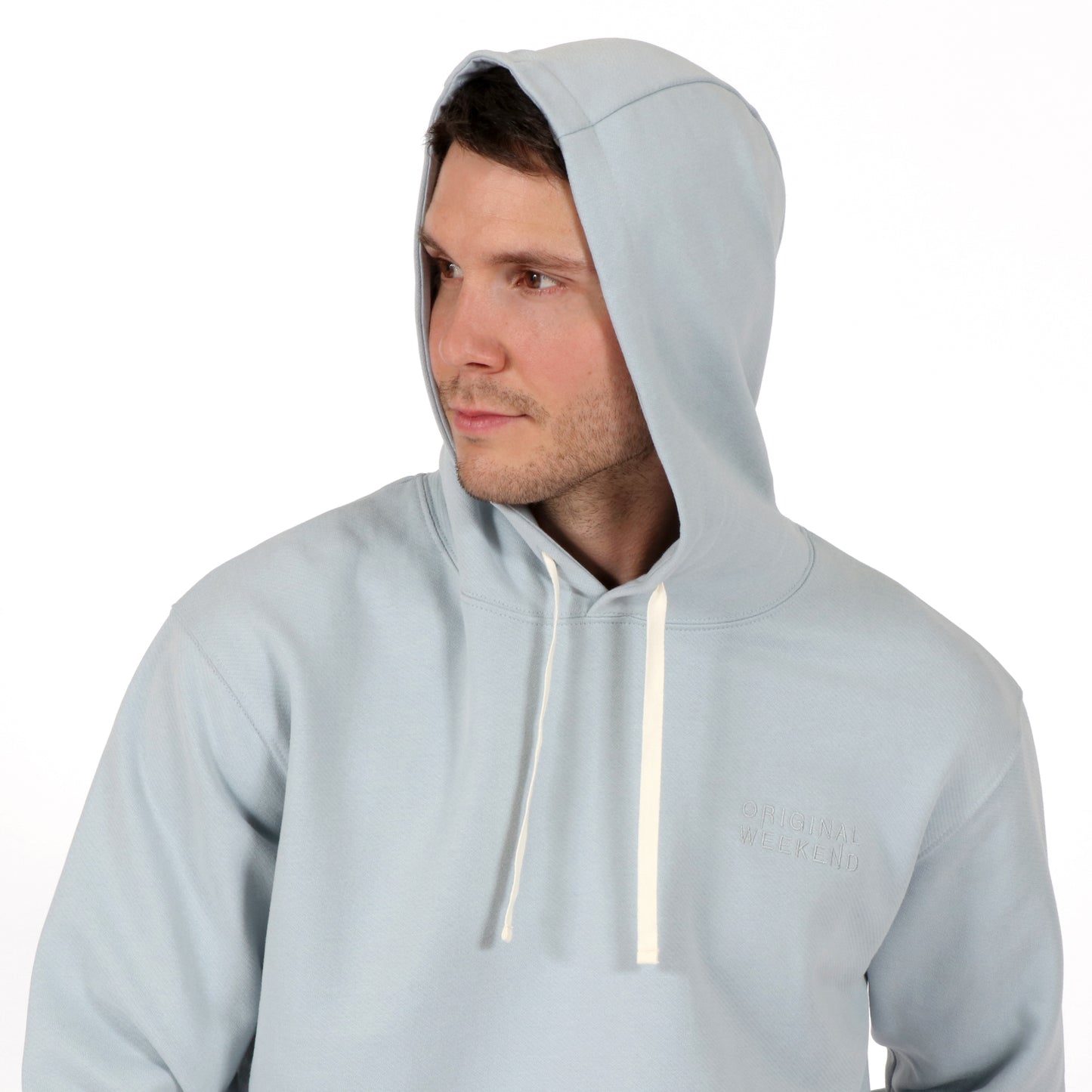 Powder Blue Sustainable Organic Cotton Men's Hoodie Front on model detail