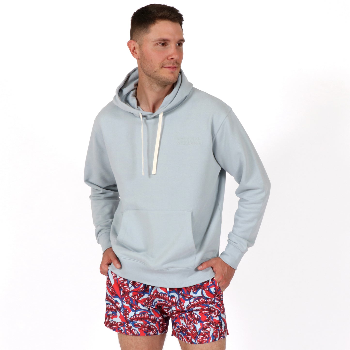Powder Blue Sustainable Organic Cotton Men's Hoodie Front on model