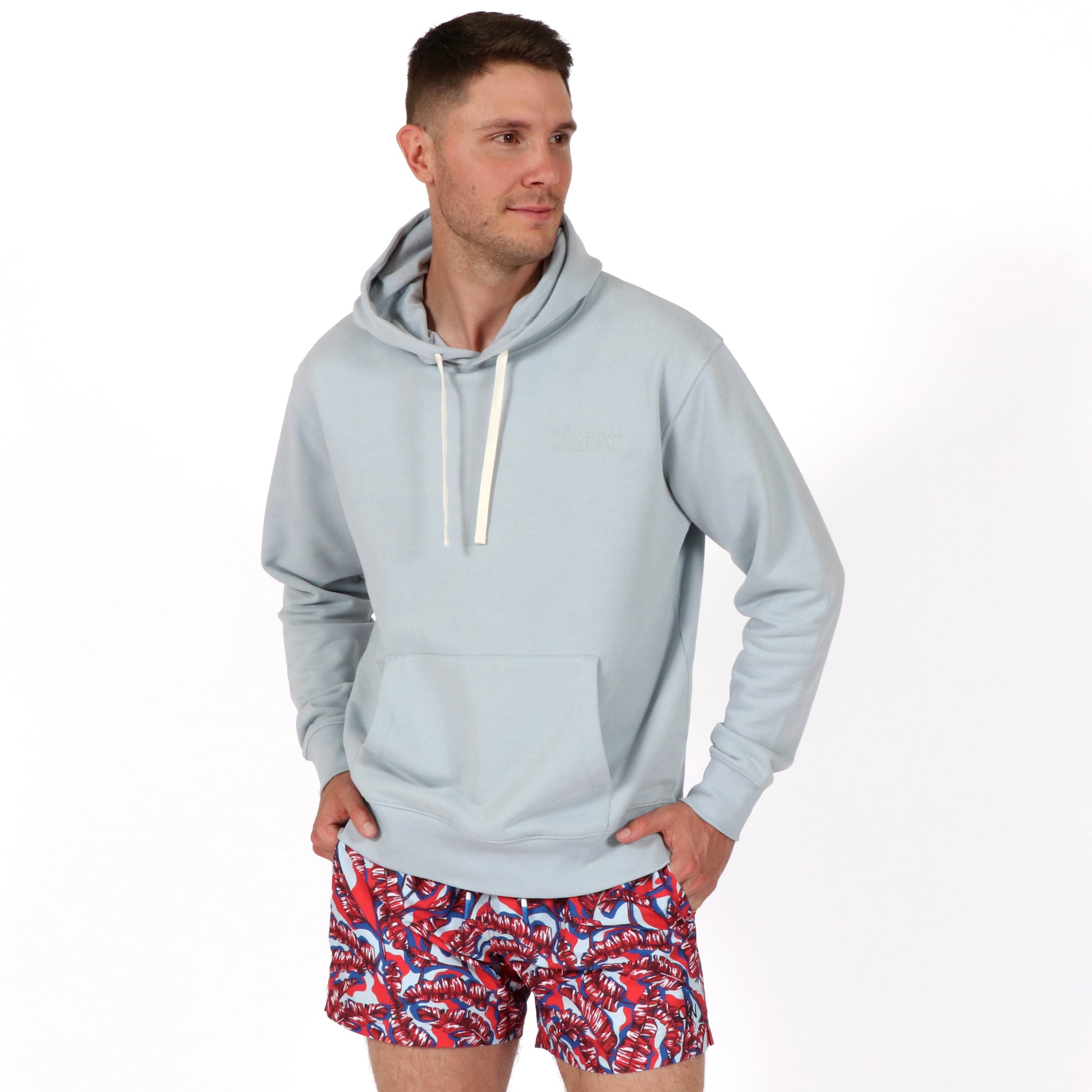 Powder Blue Sustainable Organic Cotton Men's Hoodie Front on model