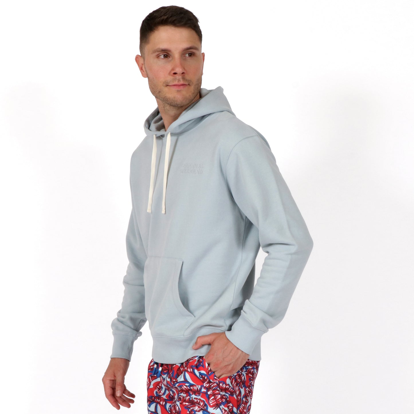Powder Blue Sustainable Organic Cotton Men's Hoodie side on model
