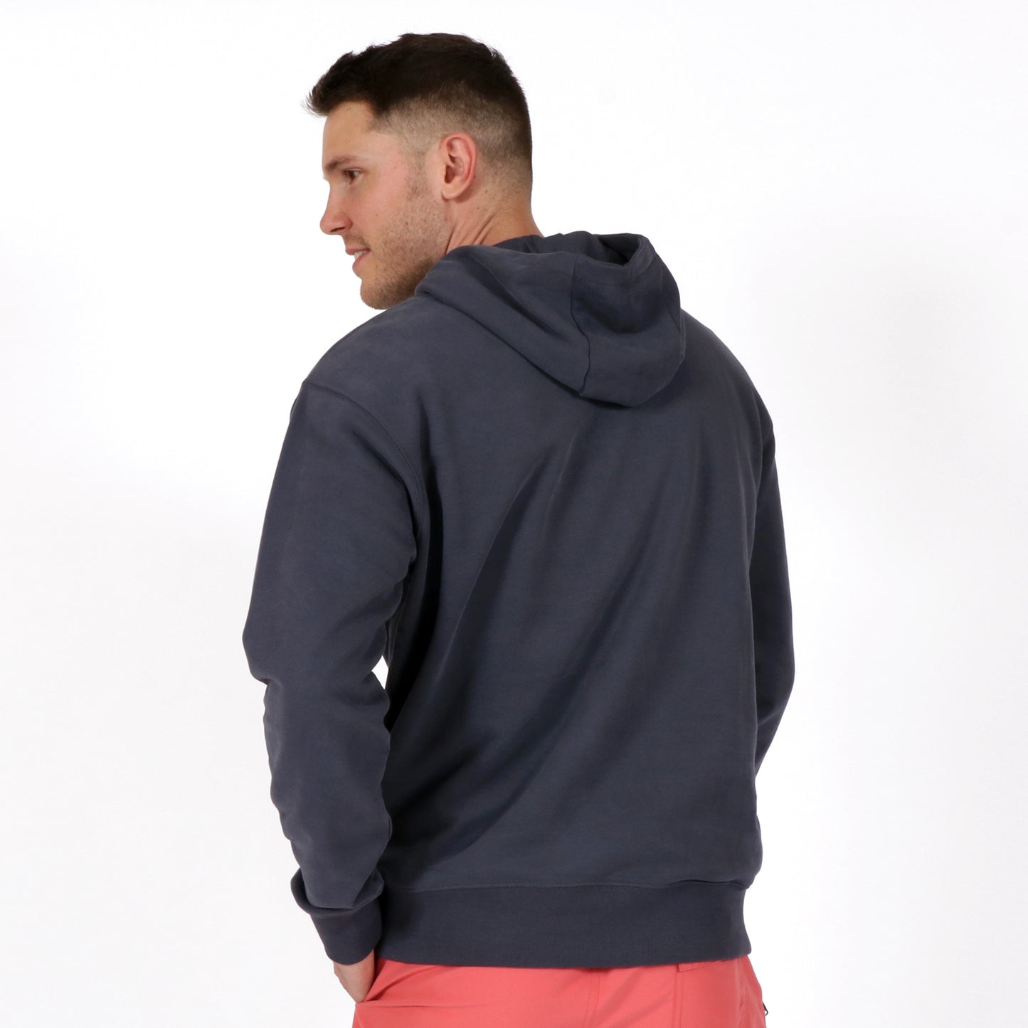 Washed Navy Men's Organic Cotton Hoodie back on model