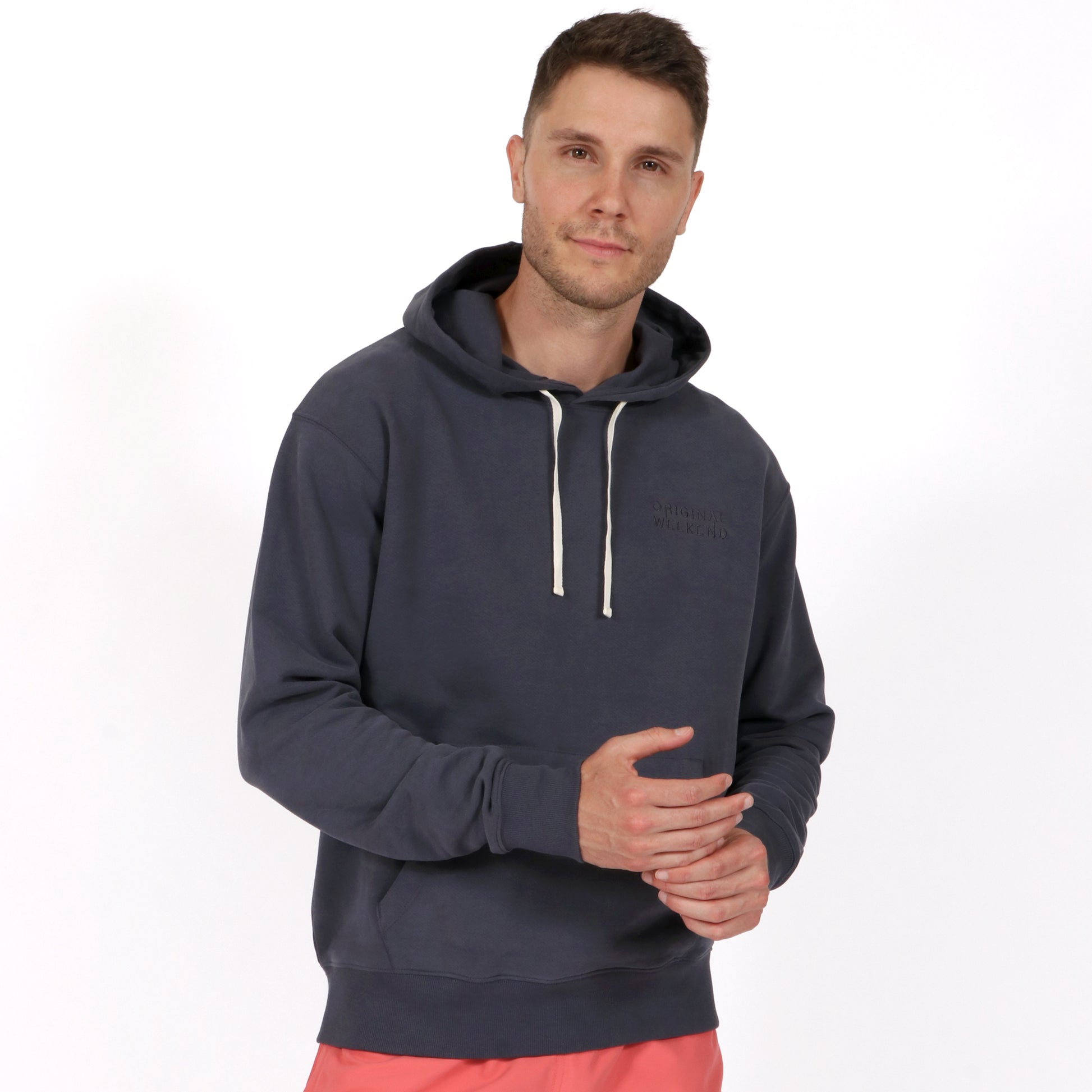 Washed Navy Men's Organic Cotton Hoodie Front on Body