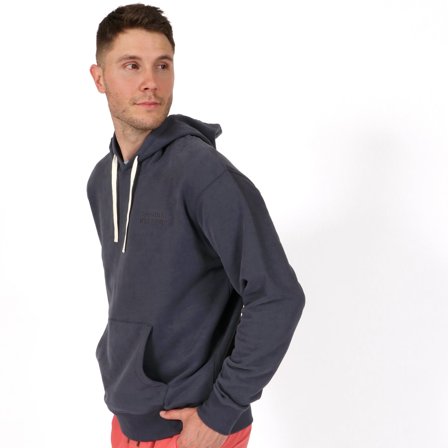 Washed Navy Men's Organic Cotton Hoodie Front on model