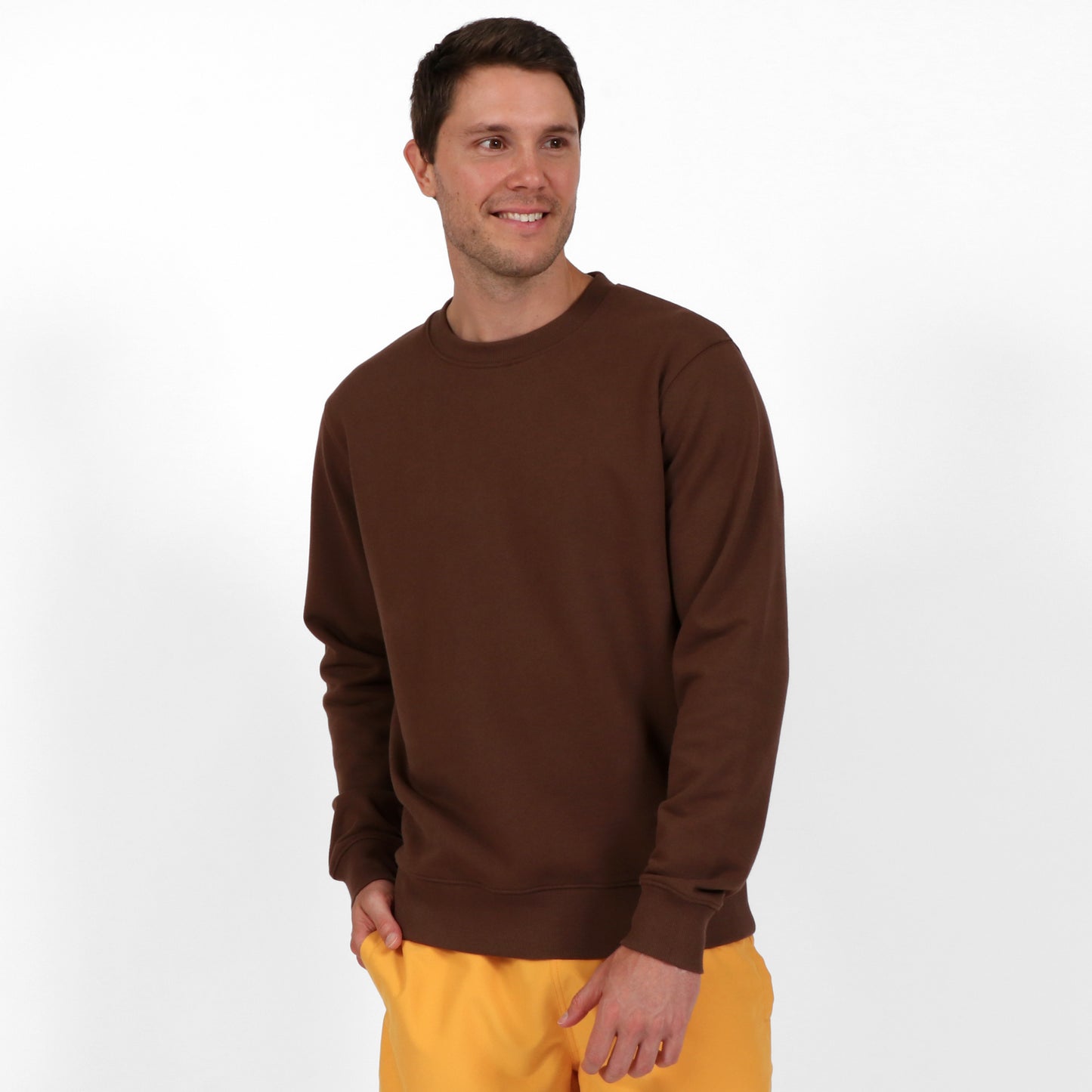 OWLW2301 ESPRESSO BROWN MEN'S ORGANIC COTTON SWEATSHIRT ON BODY FRONT