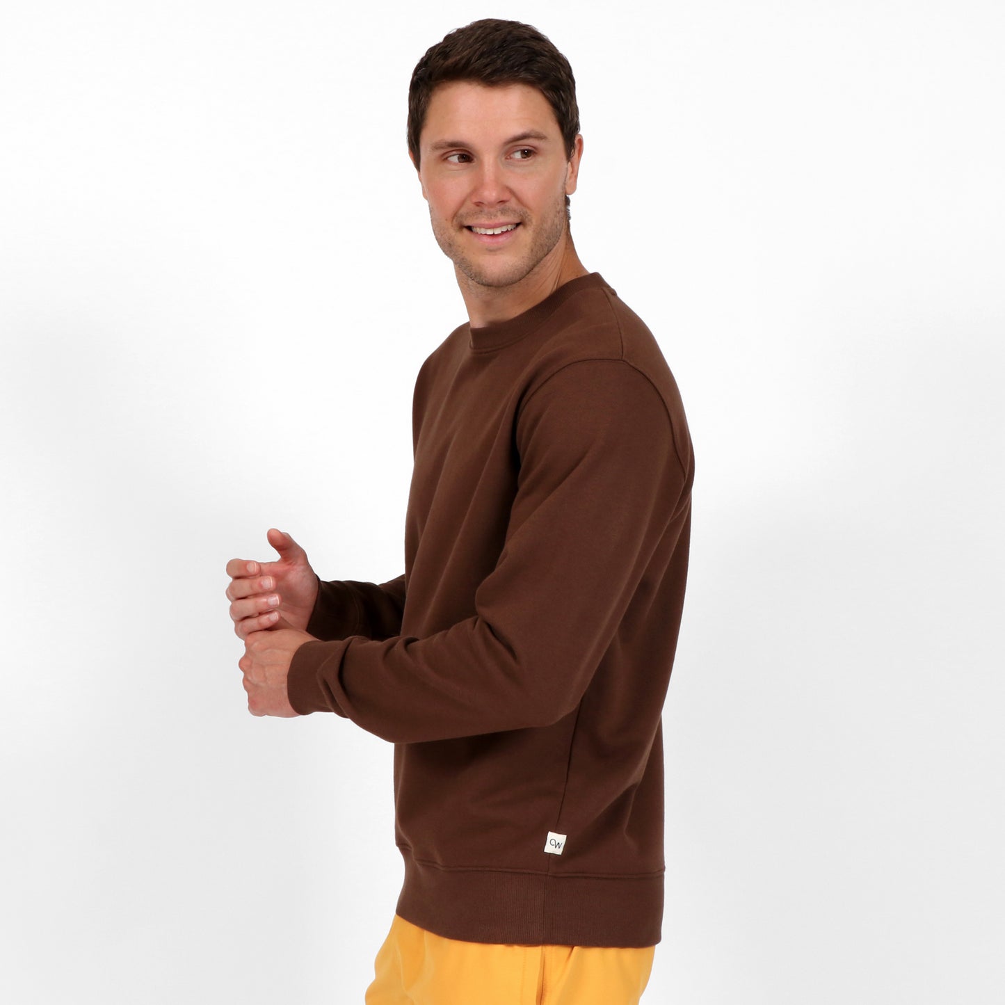 OWLW2301 ESPRESSO BROWN MEN'S ORGANIC COTTON SWEATSHIRT ON BODY SIDE VIEW