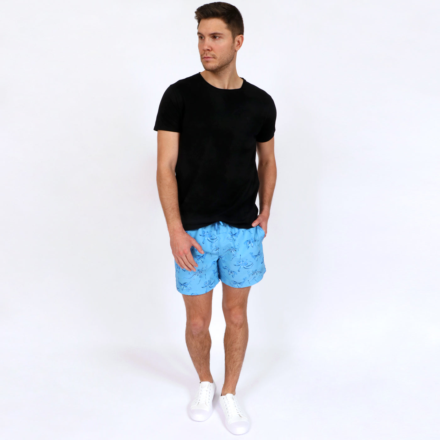 OWTS1902 Black Original Weekend men's Beach fit Organic cotton t-shirt styled with OWSS1902 Blue Octopus print swim short with elastic waist fabricated from recycled polyester