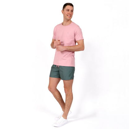 OWSS2102 Olive Green Recycled Polyester Men's Swim Short and OWTS2102 Pink Dusk Organic Cotton T-Shirt Outfit