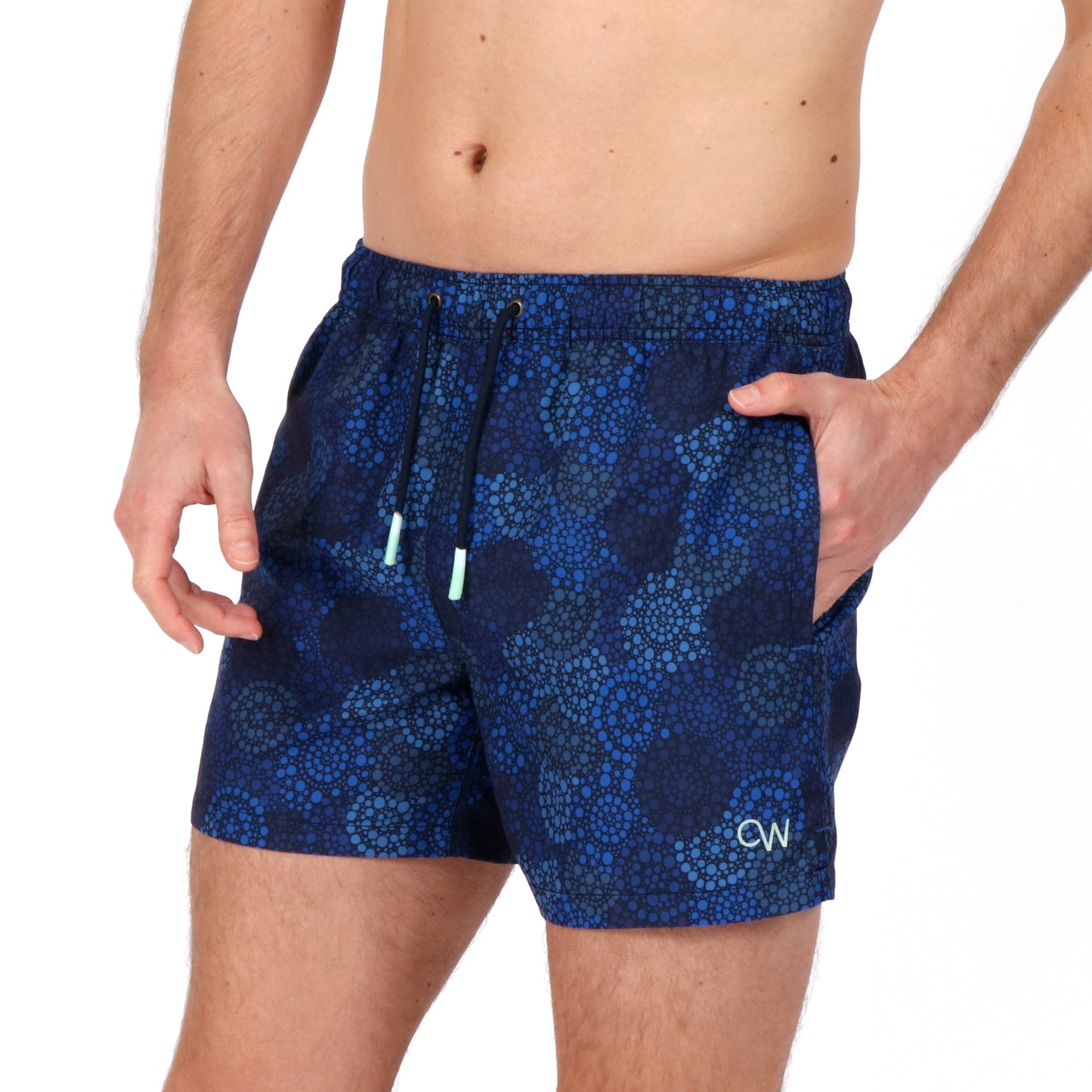 OWSS2102 Navy Spot Print Men's Recycled Polyester Swim Short on body Front