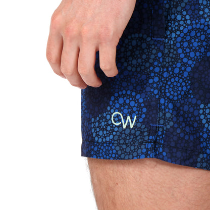 OWSS2102 Navy Spot Print Men's Recycled Polyester Swim Short front OW logo detail