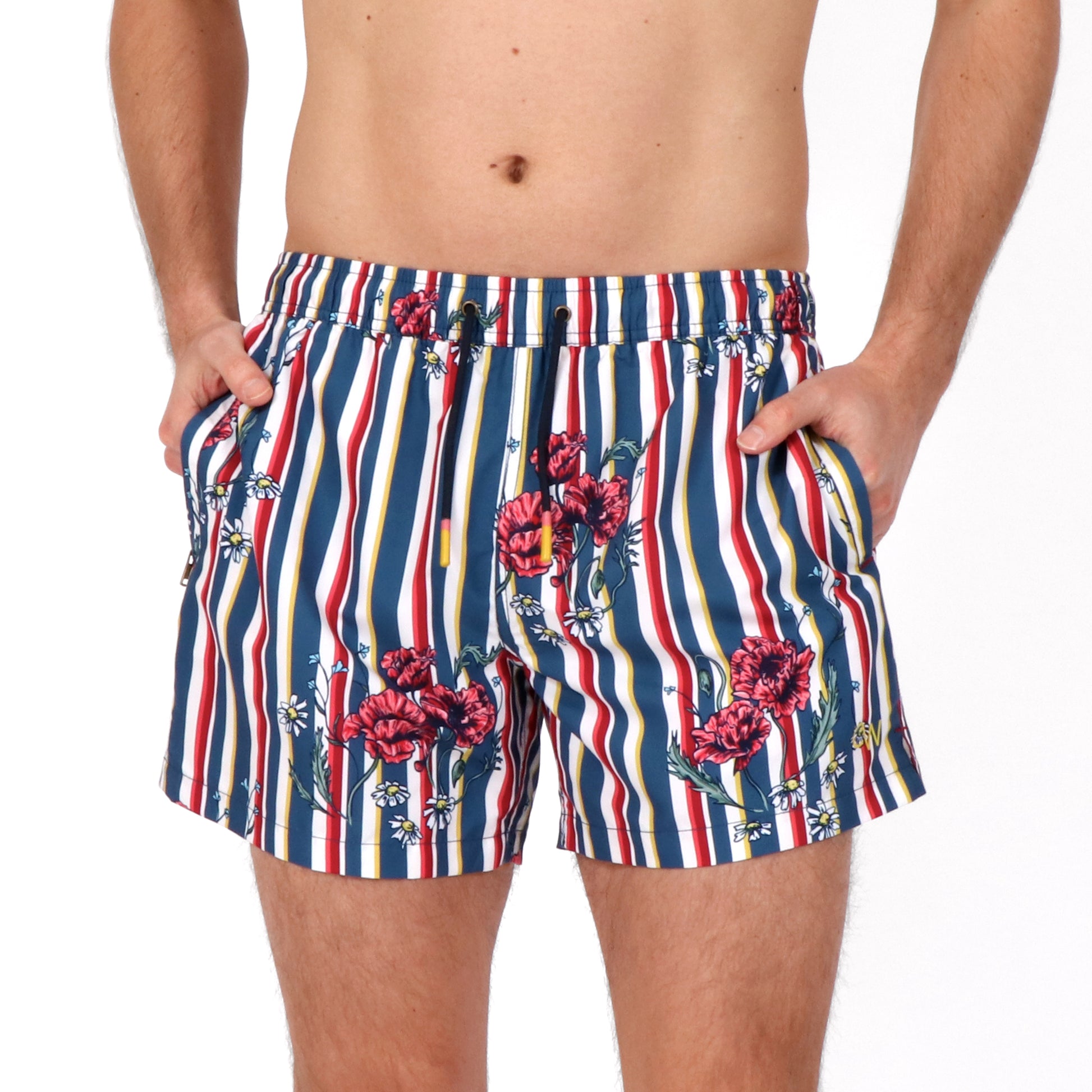 OWSS2104 Poppy Stripe Recycled Polyester Men's Swim Short on body Front