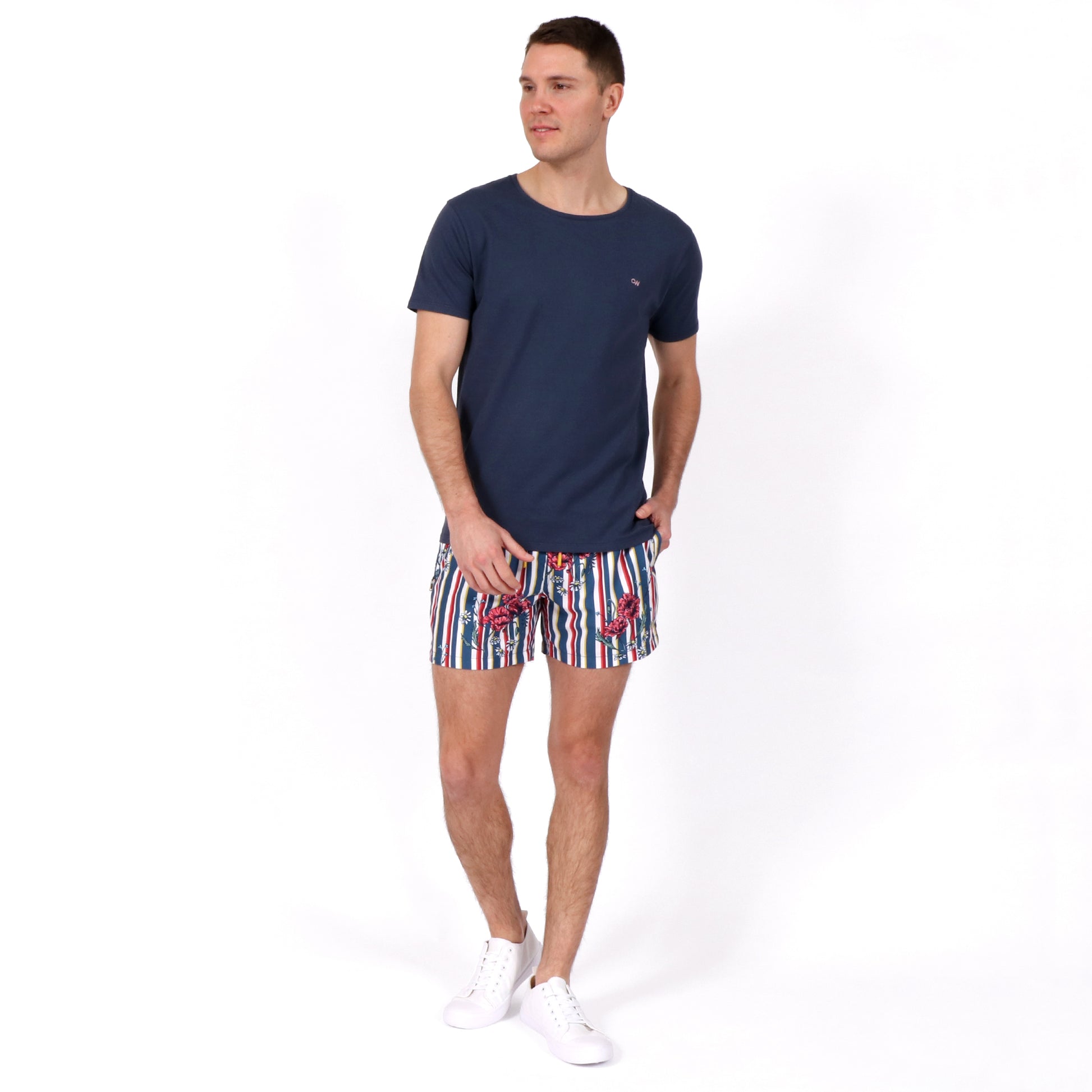 OWSS2104 Poppy Stripe Recycled Polyester Men's Swim Short and OWTS2102 Navy Urban T-Shirt Outfit