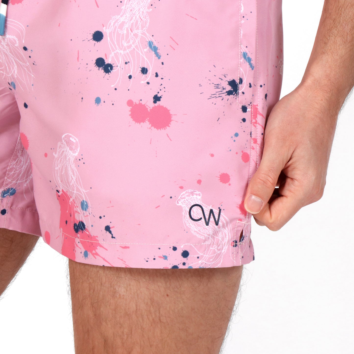 OWSS2105 Jelly Fish Splash Print Men's Recycled Polyester Swim Short front OW logo detail