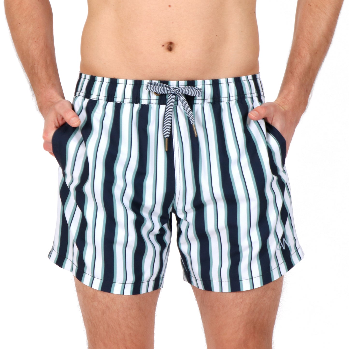 OWSS2106 Boardwalk Blue Stripe Men's Recycled Polyester Swim Short on body Front