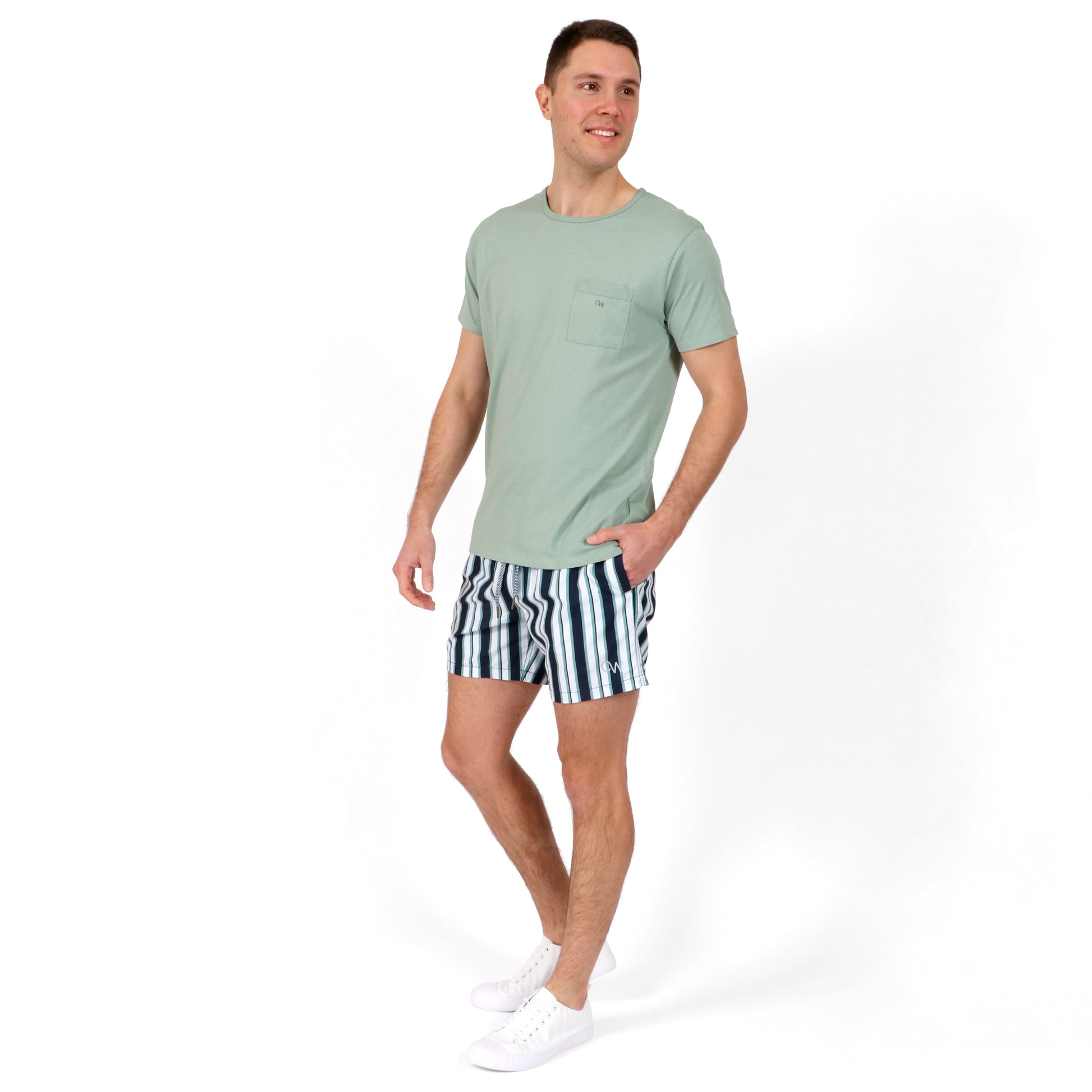 OWSS2106 Boardwalk Blue Stripe Men's Recycled Polyester Swim Short and OWTS2101 Moss green Beach T-Shirt outfit