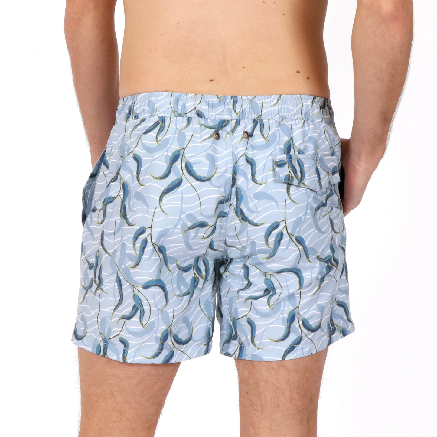 OWSS2107 Gum Leaf Grey Print Men's Recycled Polyester Swim Short on body back