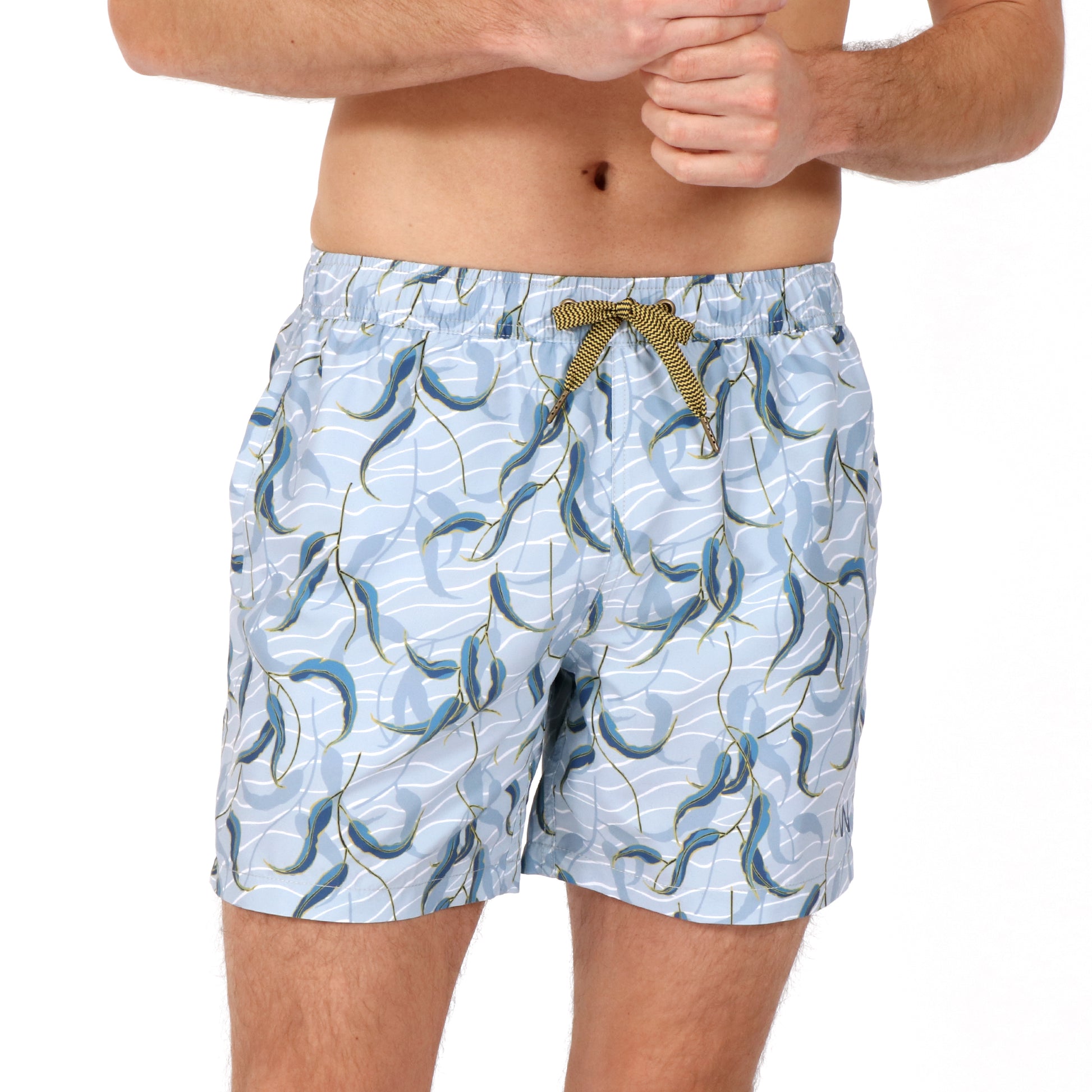OWSS2107 Gum Leaf Grey Print Men's Recycled Polyester Swim Short on body Front