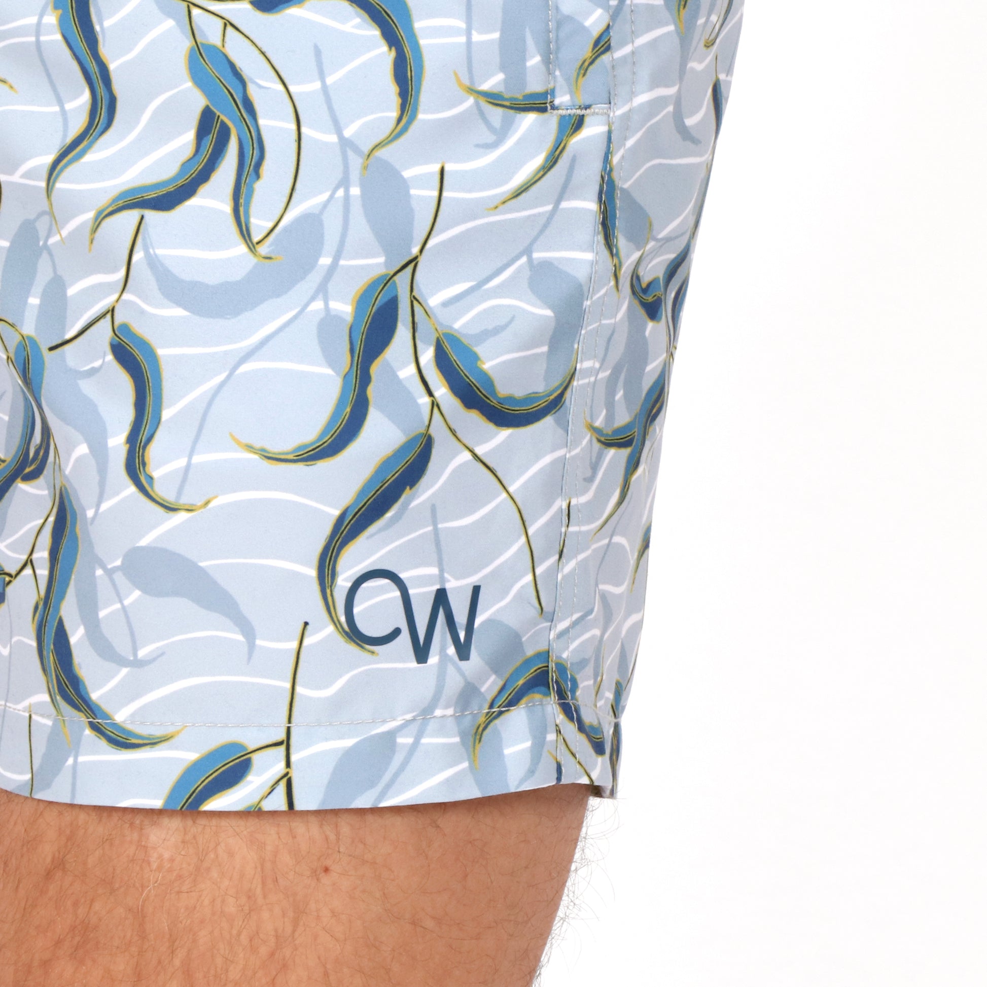 OWSS2107 Gum Leaf Grey Print Men's Recycled Polyester Swim Short front OW logo detail