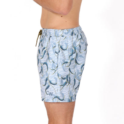 OWSS2107 Gum Leaf Grey Print Men's Recycled Polyester Swim Short on body side