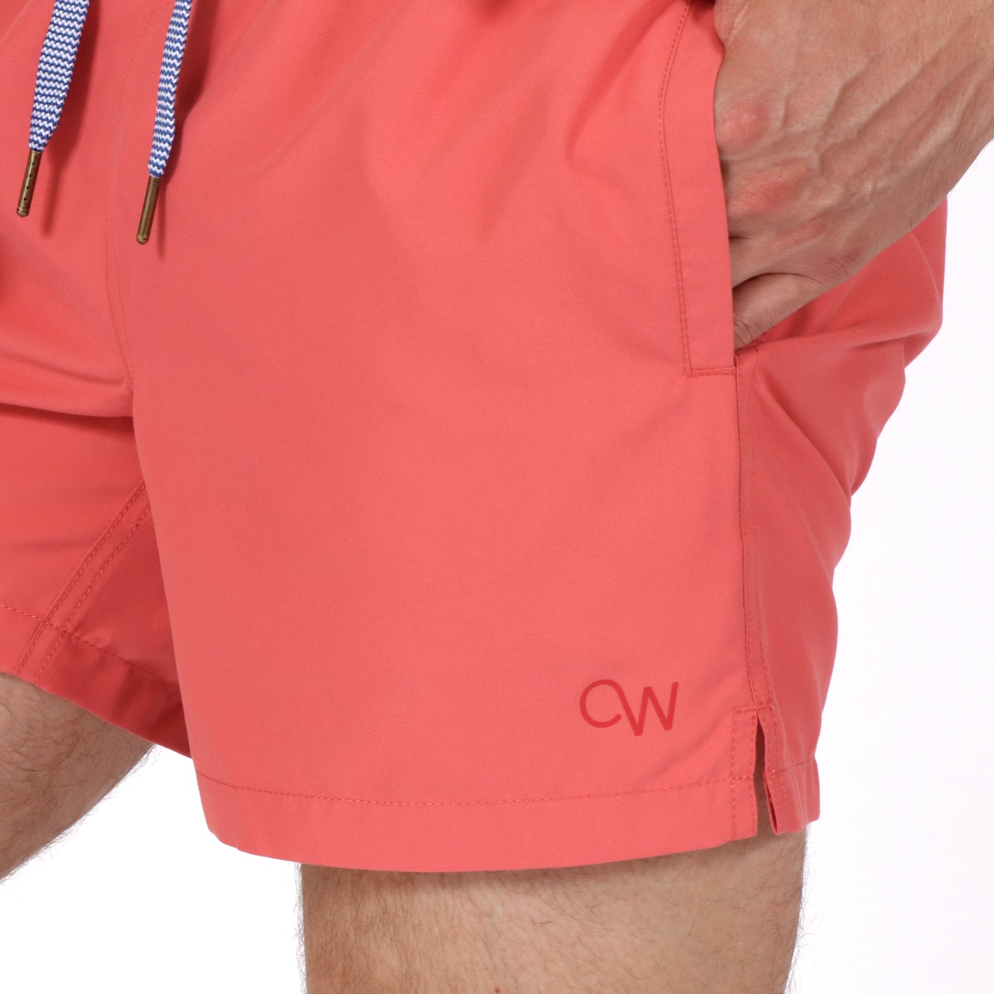 OWSS2201 Dark Coral Recycled Polyester Men's Swim Short Logo Detail