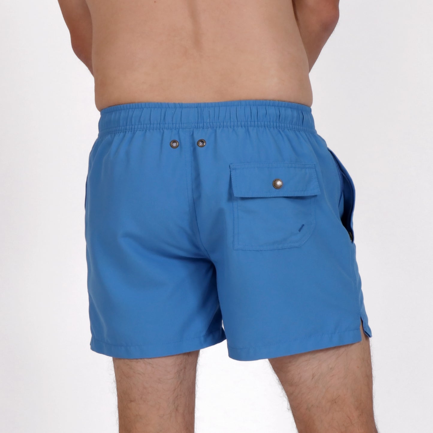 OWSS2203 AZURE BLUE SOLID COLOUR SWIM SHORT RECYCLED POLYESTER ON BODY BACK VIEW